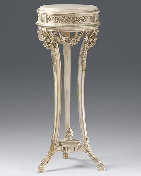 luxury Italian furniture | pedestals | Regency pedestal | Regency style carved wood pedestal in antique white finish with antiqued silver-leaf accents and white Carrara marble top Metal Wall Decor Bedroom, Furniture Pedestal, Neoclassical Furniture, Luxury Italian Furniture, Decorative Crafts, White Carrara Marble, Carved Furniture, Wood Pedestal, Display Furniture