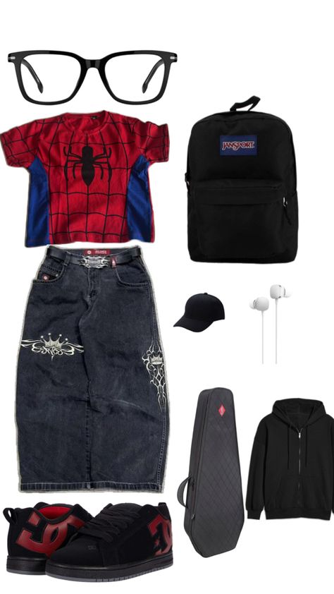 Peter Parker Fits, Spider Man Pants, Sonic Inspired Outfits, Spiderman Inspired Outfit, Spiderman Clothes, Pop Culture Outfits, Spiderman Outfit, Baggy Outfit Ideas, Silly Clothes