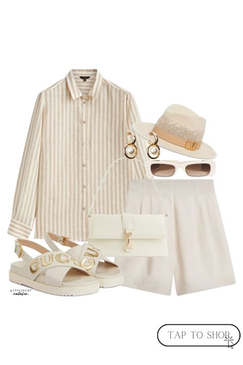 Neutral summer outfit idea with beige striped linen shirt, linen shorts, fedora hat and Gucci flat sandals. Vacation style, summer holiday style, chic outfit. Linen Shorts Outfit, Neutral Summer Outfits, Day Out Outfit, Outfits With Striped Shirts, Linen Stripes, Summer Vacation Style, Gucci Sandals, Striped Linen Shirt, Outfit Primavera