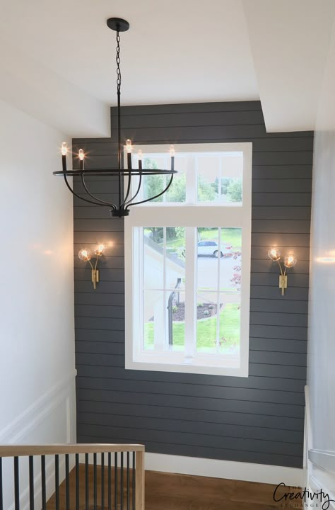 Modern Farmhouse Home Tour: Millhaven Homes Benjamin Moore Trout Gray, Painting Shiplap, Shiplap Accent Wall, Trending Paint Colors, Modern Farmhouse Home, Wall Accent, Modern Farmhouse Exterior, Farmhouse Homes, Modern Country