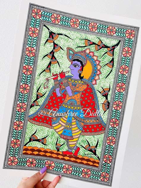 #madhubani Madhubani Art Krishna, Madhubani Krishna, Madhubani Paintings Traditional, Abstract Fish Painting, Bani Thani, Mithila Art, Art Krishna, Mithila Painting, Colour Drawing