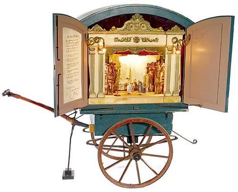 Traveling puppet theater Puppet Stage, Paper Theater, Puppet Theaters, Paper Theatre, Mobile Kitchen, Toy Theatre, Marionette Puppet, Punch And Judy, Wooden Wheel