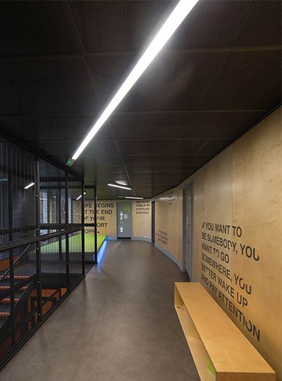 Urdang Academy, Linear Ceiling Light, School Corridor, Linear Light Fixture, Performing Arts School, Corridor Design, Architectural Lighting Design, School Interior, Detail Design