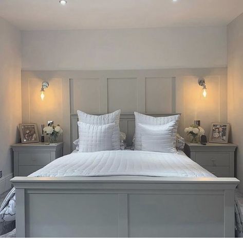 Dark Grey Bedroom Panneling, Grey Panelled Bedroom, Panelling Behind Bed Bedroom Wall, Panelled Feature Wall Bedroom, Bedroom Panelling Colour Ideas, Grey Panelling Bedroom, Light Grey Panelling, Paneled Walls Bedroom, Wall Design Ideas Bedroom