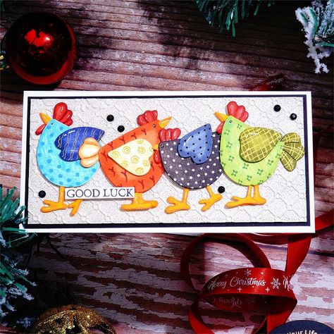 Kokorosastudio Chicken Cards Ideas, Chicken Cards Handmade, Kokorosa Cards, Kokorosa Dies, Chicken Greeting Cards, Chicken Cards, Embossing Stencils, Wood Card, Stamp Blocks