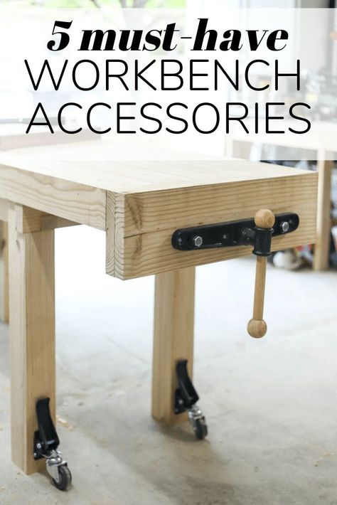 Tips and tricks for the accessories you need to add to your workbench to make it more functional for you! This list is perfect for beginner AND advanced woodworkers. #workshop #workbench #diy #woodworking Workshop Workbench, Workbench Diy, Workshop Inspiration, Garage Organizing, Woodworking Accessories, Backyard Playhouse, Diy Workbench, Workbench Plans, Diy Vanity