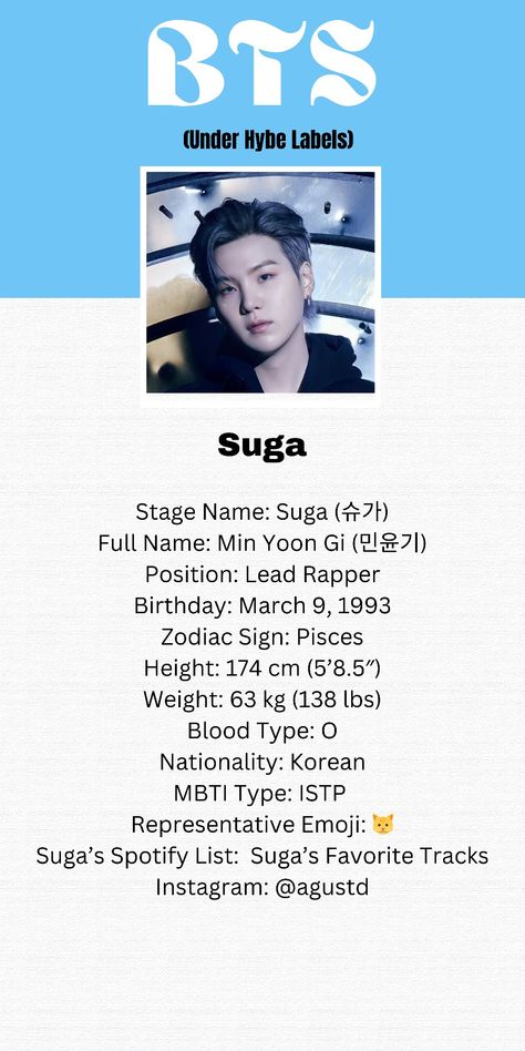 Bts Army Bio Ideas, Suga Profile, Bts Profile, Pop Song Lyrics, Korean Song Lyrics, Basic Korean, Kpop Profiles, Bts Stuff, Bts Facts