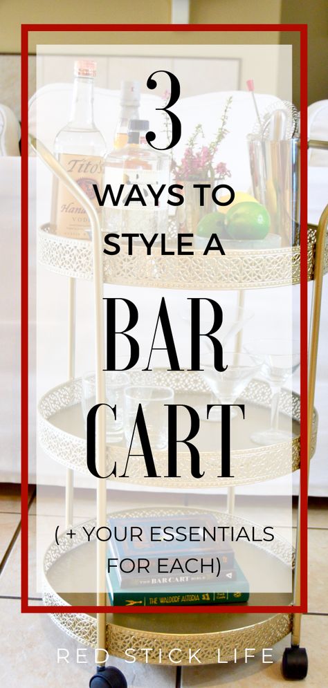 One thing I absolutely love about a bar cart is how versatile they can be. Not only are they a fun accent piece in any room, but they also provide a great place to store and display your go-to items. But if you're a little stuck on how to style one to perfection or even where to start putting one together, here are 3 fun ways to style your cart and a few things you'll need for each! Red Stick Life  https://redsticklife.com/bar-cart-3-ways/  #barcart #homedecor #homediy #redsticklife Round Bar Cart Styling Ideas, Styling A Bar Cart, How To Decorate A Bar Cart, How To Style A Bar Cart, Beverage Cart Ideas, Vintage Bar Cart Styling, Bar Cart Styling Ideas, Bar Cart Hack, Small Bar Cart