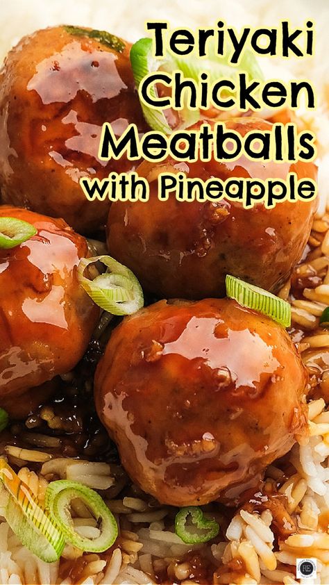 These tasty and fun-to-make Teriyaki Chicken Meatballs with Pineapple are perfect for potlucks or meal prepping. The sauce is so good! Meatball Pineapple Crockpot, Teriyaki Pineapple Meatballs, Chicken Teriyaki Meatballs, Meatballs With Pineapple, Pomegranate Desserts, Lake Meals, Lake Recipes, Teriyaki Pineapple Chicken, Homemade Turkey Meatballs