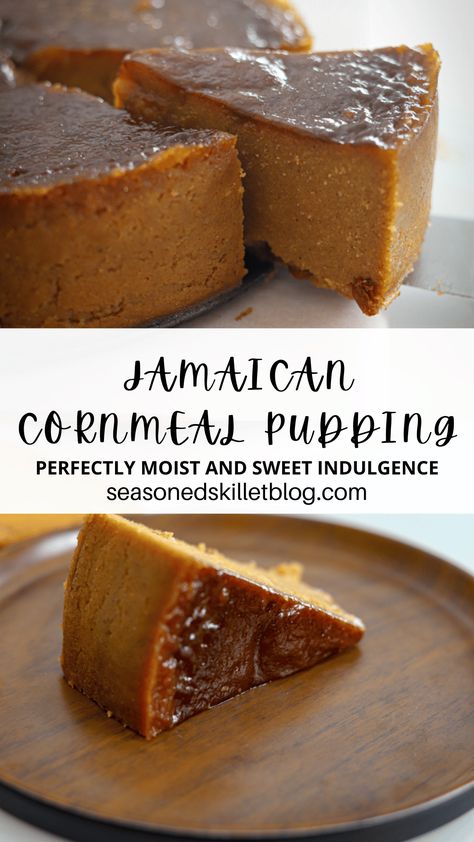 Jamaican Cornmeal Pudding, also known as cornmeal pone, is a deliciously spiced (and sometimes spiked) dessert made with finely ground yellow cornmeal, coconut milk, sugar, and warm spices. This classic Caribbean dessert is a perfectly moist and sweet indulgence that everyone will love. Jamaican Cornmeal Pudding, Cornmeal Desserts, Jamaican Deserts, Caribbean Pastries, Recipes With Cornmeal, Cornmeal Pudding Recipe, Carribean Desserts, Cornmeal Pudding Recipe Jamaican, Jamaican Dessert