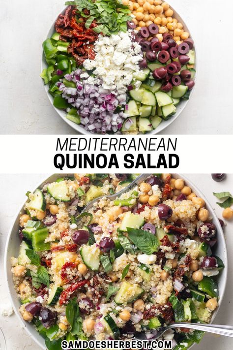 Fresh and flavorful mediterranean quinoa salad! This simple salad recipe is loaded with healthy veggies and tossed in a simple lemon dressing. Quinoa, chickpeas, olives, sundried tomatoes, basil, and feta - what's not to love?! Mediterranean Recipes Healthy, Mediterranean Quinoa, Power Salad, Mediterranean Quinoa Salad, Sundried Tomatoes, Quinoa Salad Recipes, Veggie Salad, Healthy Veggies, Lunch Meal Prep