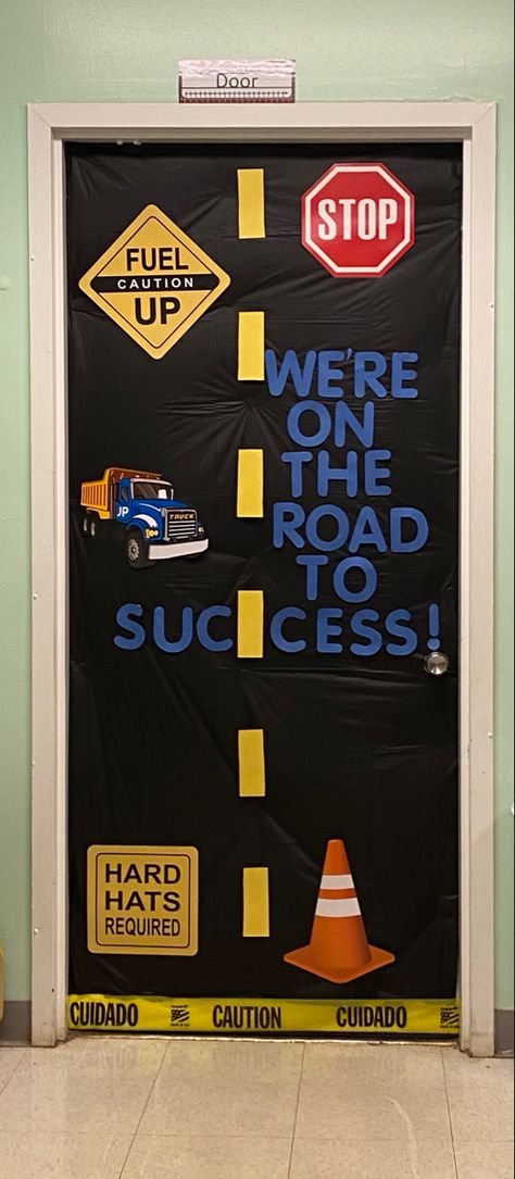 Construction Door Theme, Construction Zone Bulletin Board Ideas, School Bus Classroom Decoration, Transportation Themed Bulletin Boards, Transportation Theme Door Decoration, Jeep Classroom Door, Transport Theme Classroom Decoration, Transportation Classroom Theme, Cars Bulletin Board Ideas