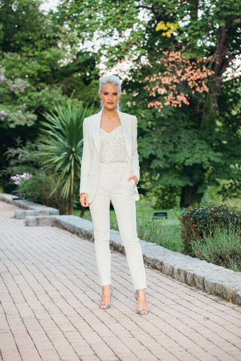 White Women Wedding Suit, David Morris Jewellery, Nikki Makeup, Bridesmaid Suits, Bridal Tuxedo, David Morris, Larry King, Black White Parties, Women Suits Wedding