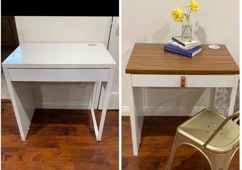 Upcycled an old IKEA Micke desk using wood print contact paper and a leather handle pull.  Products found at Amazon, total spend under $10! Upcycled Ikea Desk, Micke Hack Ikea, Ikea Desk Upcycle, Ikea Micke Desk Makeover, Micke Desk Ikea Hack, Micke Ikea Desk Ideas, Micke Desk Hack, Ikea Micke Desk Hack, Contact Paper Desk