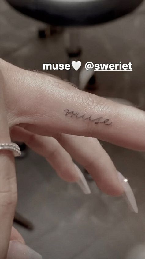 Your Muse Tattoo, Muse Tattoo Font, I Am My Own Muse Tattoo, Be Your Own Muse Tattoo, Muse Tattoo Ideas, Muse Tattoo Words, Musa Tattoo, Fine Line Script Tattoo, Valentine Tattoos