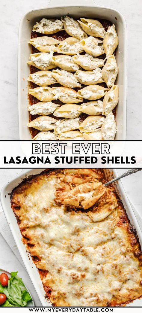 tray of stuffed shells with ricotta Lasagna Stuffed Pasta Shells, Lasagna Shells Stuffed, Large Shell Pasta Recipes, Beef Stuffed Shells Ricotta, Ground Chuck Recipes, Stuffed Shells Ricotta And Meat Beef, Lasange Recipe, Creamy Ricotta Beef Stuffed Shells Pasta, Stuffed Ricotta Shells With Meat Sauce