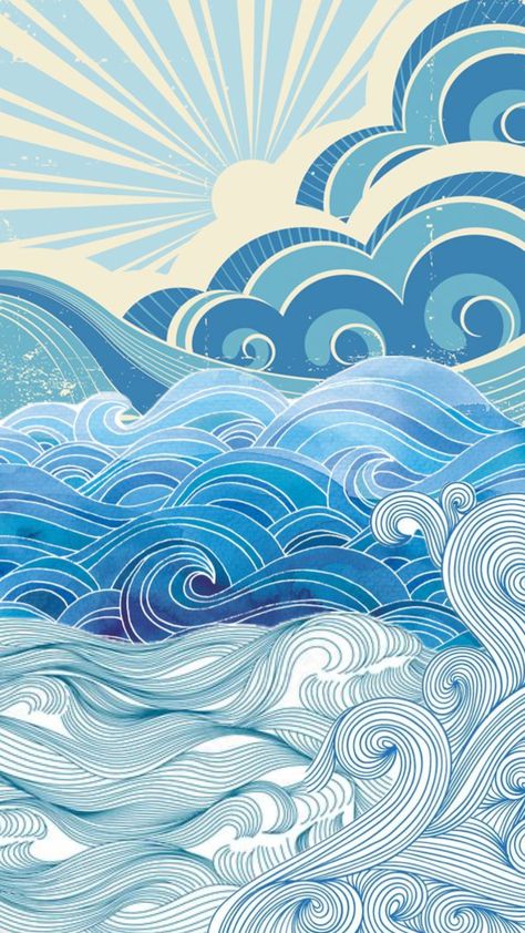 #waves Trippy Ocean Drawing, Wave Drawings Simple, Art Nouveau Ocean Waves, Wave Crashing Drawing, Waves Ocean Drawing, Art Nouveau Waves, Ocean Yearbook Theme, Ocean Wave Illustration, Abstract Wave Art