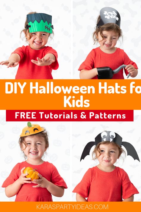 DIY Halloween Hats for Kids- FREE Tutorials & Patterns via Kara's Party Ideas - KarasPartyIdeas.com Halloween Hat Ideas, Halloween Hat Diy, Crazy Hat Day Ideas For Kids, Halloween Hat Craft, Halloween Hats Diy, Halloween Accessories Diy, Diy Halloween Dress, Preschool Hat, Creative Hats