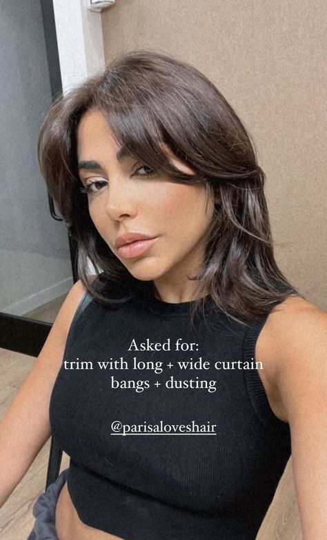 Layered Mid Length Hair Curtain Bangs, Brown Lob With Bangs, Layered Long Bob With Curtain Bangs, Curtain Bangs Dark Hair, Daniela Core, Glasses Haircut, Haircuts Mid Length, Layered Lob, Brunette Hair Cuts