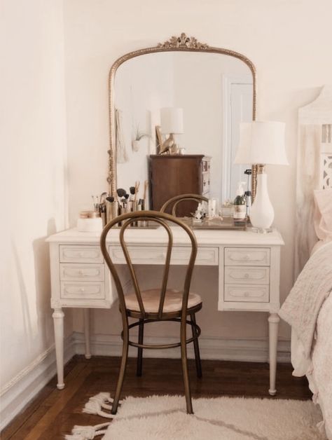 Parisian Bedroom Aesthetic Modern, Women’s Vanity In Bedroom, Writing Desk Into Makeup Vanity, Unique Makeup Vanity Ideas, Vintage Vanity Aesthetic Bedroom, Cottage Makeup Vanity, Cozy Vanity Aesthetic, Bedroom Vanity Farmhouse, Redone Vanity Ideas