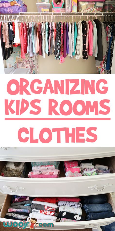 Organizing Kids Rooms | Organize Kids Clothes | Woo! Jr. Kids Activities Multiple Kids In One Room Storage, Kids Drawer Organization, School Outfit Organization Ideas, How To Organize Kids Room, How To Organize Kids Clothes, Kids Room Organization Small Spaces, Toddler Dresser Organization, Kids Dresser Ideas, Kids Shared Closet