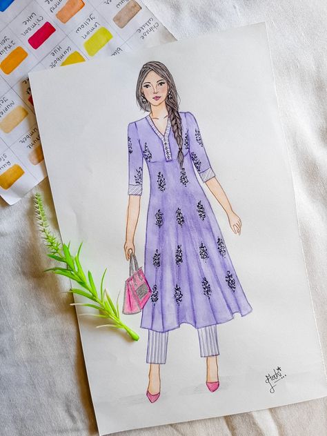 Designed Dresses Sketch, Casual Dress Sketch Design, Kurti Drawing Sketches, Kurti Fashion Illustration, Simple Dress Illustration, Casual Dress Drawing Sketches, Casual Wear Illustration Sketches Women, Casual Wear Dress Drawing, Costume Design Sketch Fashion