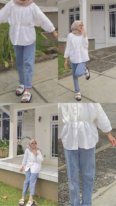 Jeans Blouse Outfit Hijab, Ootd Hijab Casual Jeans Kemeja, White Blouse And Jeans Outfit Hijab, Outfit Jeans Putih, Ootd Jeans Putih, Ootd Hijab Jeans Style, Kemeja Outfit Hijab, Kemeja Putih Outfit, White Blouse Outfit Hijab