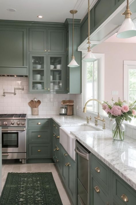 White And Pastel Kitchen, Kitchen Interior Pastel Color, Green And Blush Kitchen, White And Green Kitchen Ideas, Green And Pink Kitchen Decor, Sage And Pink Kitchen, Pink And Green Kitchen Ideas, Sea Foam Kitchen, Kitchen Interior Apartment