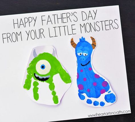 Best DIY Fathers Day Cards - Little Monsters Father's Day Card - Easy Card Projects to Make for Dad - Cute and Quick Things To Make For Your Father - Paper, Cardboard, Gift Card, Cool Ideas for Kids and Teens To Make - Funny, Thoughtful, Homemade Cards for Him Diy Father's Day Cards, Kids Fathers Day Crafts, Diy Father's Day Crafts, Fathers Day Art, Footprint Crafts, Diy Father's Day Gifts, Footprint Art, Handprint Crafts, Daycare Crafts