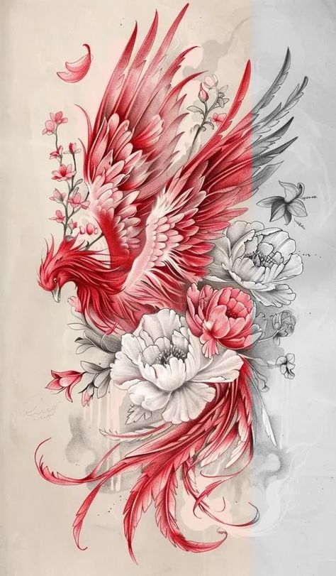 Japanese Phoenix Drawing, Phoenix Red Tattoo, Neo Traditional Phoenix Tattoo Design, Cherry Blossom And Phoenix Tattoo, Color Arm Sleeve Tattoos, Back Filler Tattoo, Phönix Drawing, Phonex Tattoo Drawings, Phoenix Images Tattoo Ideas