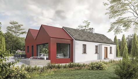 #flashbackfriday to this contemporary Irish cottage extension… finished in red corrugated cladding, inspired by traditional agricultural… Cottage Extension Ideas, Irish Cottage Extension, Modern Irish Cottage, Irish Cottage Renovation, Corrugated Cladding, Remote Design, Ireland Houses, House Designs Ireland, Cottage Extension