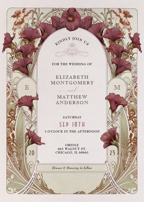 vintage wedding invitations black violet calla lily wedding art nouveau mucha invitation vintage wedding invitations art nouveau wedding invitations art deco wedding invite roaring 20s 1920 art nouveau floral whimsical wedding invitations fancy classic decorative flowers european victorian design ink watercolor paper texture budget wedding stationery black purple calla lily flowers #fyp Wedding Art Nouveau, Wedding Invitation Art Nouveau, Fancy Invitation Design, Wedding Invitation Creative, Art Deco Wedding Invites, Wedding Invitations Fancy, Dutch Masters Wedding, Nouveau Wedding Invitations, Art Nouveau Invitation