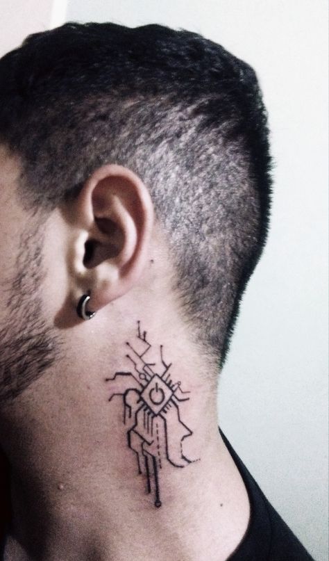 Futuristic Tattoo Design, Cyberpunk Neck Tattoo, Sci Fi Tattoo Ideas, Cpu Tattoo, On Off Tattoo, Electric Tattoo Ideas, Futuristic Tattoo Cyberpunk, Computer Tattoo Ideas, Computer Science Tattoo