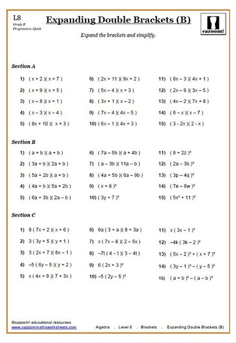 Expanding Brackets PDF Worksheets | Cazoom Maths Worksheets Expanding Brackets Maths, Basic Algebra Worksheets, Algebra Formulas, Basic Algebra, Line Math, Integers Worksheet, Solving Linear Equations, Math Exercises, Math Pages