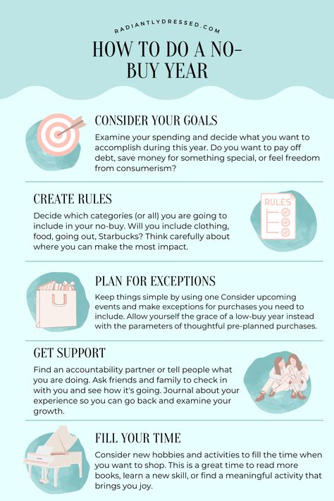 A no-buy year or low-buy year can drastically change your outlook on spending. Learn about different types of no-buy years and how to plan yours to have a successful low consumption year. No Buy Year 2024, Low Buy Year Rules List, New Year Financial Goals, Low Buy Year Rules, Low Spend Year, No Buy Year Rules, Low Buy Year, How To Budget, No Spend Year