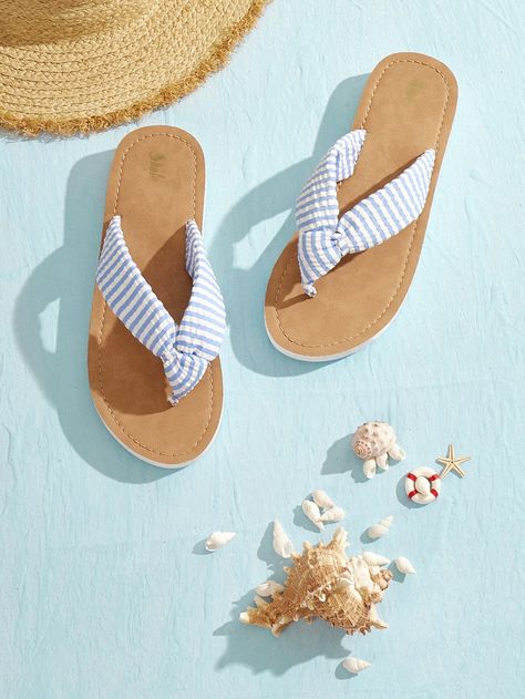 Blue Fashionable Collar   Striped Flip Flops Embellished   Women Shoes Beach Footwear Women, Palm Shoes, Fancy Flip Flops, Ladies Flip Flops, Airplane Pillow, Cute Flip Flops, Summer Footwear, Product Shoot, Summer Flip Flops