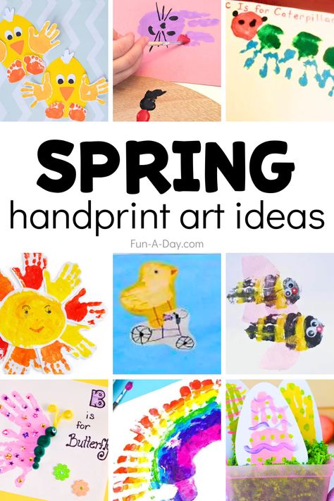 10+ spring handprint art ideas perfect for preschool, pre-k, and kindergarten kids. Let kids get creative and engage their senses with these spring handprint art ideas. Click on the Fun-A-Day.com link for more details. Spring Handprint Art, Handprint Art Ideas, Hand Print Flowers, Print Crafts, Spring Preschool, Spring Crafts For Kids, Holiday Crafts For Kids, Footprint Art, Foot Print