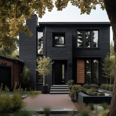 Black Brick On House, Stained Black Brick, Modern Black Brick House, Paint Brick House Black, Black Exterior Brick House, Black Brick And Cedar House Exterior, Black Townhouse Exterior, Black Modern Exterior House, House Paint Exterior Black