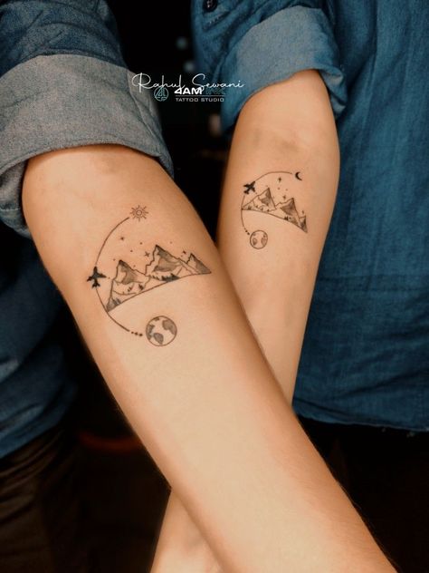 Couple tattoo ideas |  couple tattoo ideas harry potter Airplane Couple Tattoo, Travel Couple Tattoo Ideas, Explore The World Tattoo, Mountain Tattoo Couple, Couples Travel Tattoos, Couple Travel Tattoos, Travel Buddy Tattoos, Couple Mountain Tattoos, Day And Night Tattoo Ideas