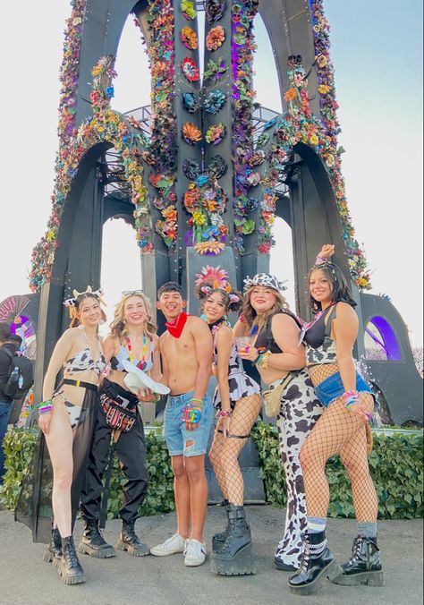 festival matching outfits EDC cow print fashion summer vibes aesthetic idea inspo friends group Group Festival Outfits Matching, Rave Group Outfits Ideas, Cow Rave Outfit, Festival Group Outfits, Group Festival Outfits, Rave Group Outfits, Group Rave Outfits, Matching Festival Outfits, Cow Print Fashion