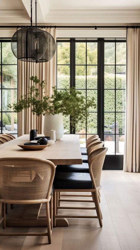 This modern beauty showcases clean lines, floor-to-ceiling windows and earthy tones that seamlessly merge with the surroundings. A minimalist design that exudes timeless style. Follow @windthekey for more design inspiration. Small Dining Room Inspiration, Dining Room With Windows, Modern Transitional Dining Room, Modern Italian Home, Modern Dining Room Ideas, Modern Dining Room Furniture, Modern Dining Room Lighting, Dining Room Modern, Transitional Interior Design