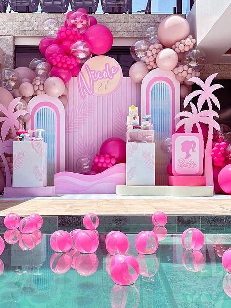 Barbie Malibu | CatchMyParty.com Barbie Decorations, Barbie Pool Party, Barbie Malibu, Barbie Bachelorette, Barbie Party Decorations, Barbie Theme Party, Barbie Birthday Party, Pink Birthday Party, Barbie Theme