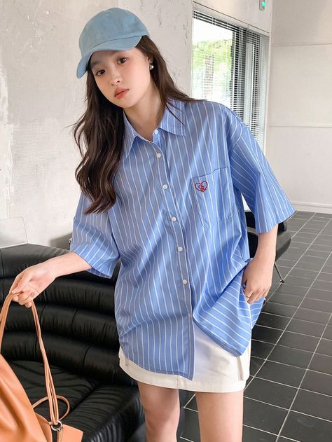 Women's Loose Striped Embroidered Short-Sleeved Turn-Down Collar Shirt Blue Casual  Short Sleeve Polyester Striped Shirt Non-Stretch Summer Women Clothing, size features are:Bust: ,Length: ,Sleeve Length: Short Sleeve Shirt Outfit, Outfit Korean, Embroidered Shorts, Outfits Verano, Beach Girl, Collar Shirts, Daily Outfits, Striped Shirt, Shirt Outfit