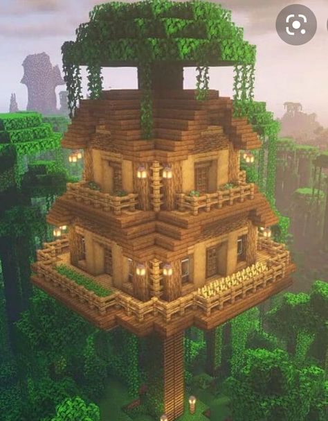 Tree House Ideas Minecraft, Minecraft Tree House Tutorial, Mc Tree House, Minecraft Tree Village, Minecraft Tree House Ideas, Tree House Minecraft, Minecraft Jungle House, Chalet Minecraft, Minecraft Hus