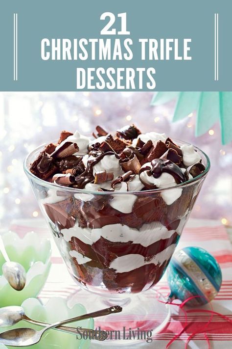 One of the best things about trifles is how quickly you can create one pretty and delicious dessert. From a classic Brownie Trifle to a festive Cherry-Spice Cake Trifle, these Christmas trifles are ready for your celebration. #christmasdessert #dessertrecipe #trifle #christmastrifle #southernliving Christmas Trifle Dessert Recipes, Christmas Dessert Truffle Bowl, Truffle Dish Desserts, Christmas Chocolate Trifle, Triffle Recipes Holiday, Christmas Trifles Easy, Triffle Desserts Easy Christmas, Hot Chocolate Trifle, Christmas Trifle Recipes Holidays