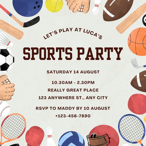 Colorful Modern Illustrated Sports Party Kids Birthday Invitation Sports Meet Invitation Card, Sports Day Invitation, Kids Birthday Invitation Template, Kids Sports Party, Sport Birthday, Kids Birthday Invitation, Sports Birthday, Sports Party, Free Birthday