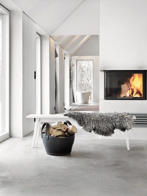 Scandinavian interior with concrete floor. Torkelson via Femina Scandinavian Fireplace, Design Camino, Swedish Decor, Concrete Interiors, Beton Design, Scandinavian Interior Design, Home Fireplace, Hus Inspiration, Fireplace Ideas