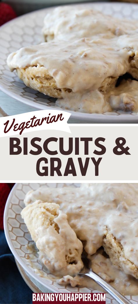 Vegetarian Biscuits and Gravy, classic homemade comfort food with fluffy biscuits and vegetarian sausage gravy! Vegetarian Sausage Gravy, Vegetarian Biscuits And Gravy, Rice And Gravy, Homemade Crepes, Make Ahead Breakfast Casserole, Vegetarian Sausages, Homemade Comfort Food, Fluffy Biscuits, Homemade Muffins