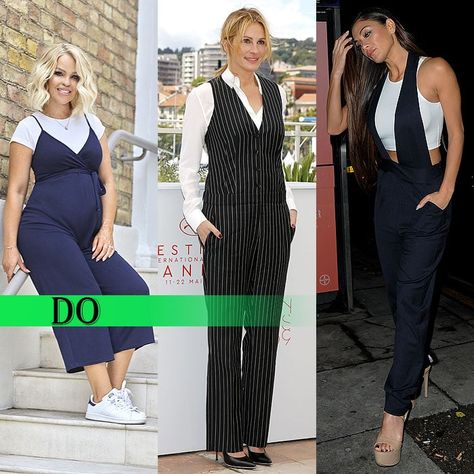 Katie Piper, Julia Roberts, and Nicole Scherzinger layering shirts and tops under jumpsuits. How To Dress Up A Jumpsuit, Shirt Under Jumpsuit, How To Wear Jumpsuit Outfit Ideas, How To Style Jumpsuit, Blue Underneath, How To Wear A Jumpsuit, Classic Fashion Looks, Jumpsuit Layering, Layering Shirts