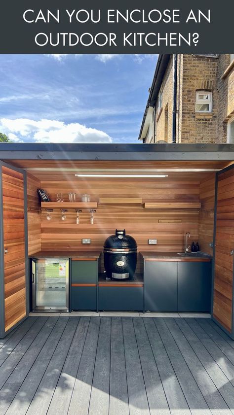 Thinking about upgrading your outdoor living space with an enclosed outdoor kitchen, like this BBQ shed?🤔This blog post includes everything you need to know about how to make sure your outdoor BBQ area will be safe and functional even when enclosed.🔥From advice about the placements of outdoor cooking appliances to whether to include pergolas, we've got you covered!👍For more BBQ shed ideas, check out our feed.😋If you're interested in an outdoor kitchen of your own, contact us today!📲 Enclosed Outdoor Kitchen Ideas, Bbq Shed Ideas, Enclosed Outdoor Kitchen, Bbq Pod, Bbq Shed, Outdoor Cooking Spaces, Outdoor Bbq Area, Outdoor Cooking Area, Privacy Shades